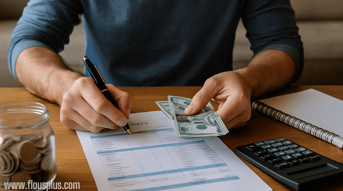 فلوس بلس - كيف تدير أموالك بذكاء في بداياتك الاستثمارية؟ (دليل شامل للمبتدئين) مشهد لرجل يخطط لميزانية مالية بتركيز، محاطًا بأدوات التخطيط مثل النقود والآلة الحاسبة.