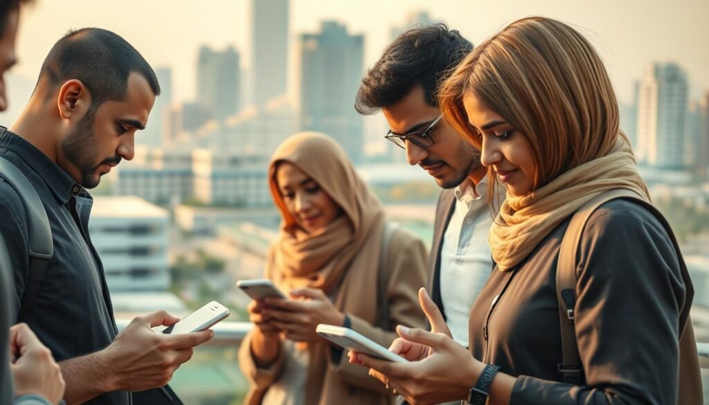 A captivating real-life scene of Egyptian individuals seamlessly interacting with the innovative "flousplus" mobile financial application in their daily environment. The foreground depicts a group of people intently focused on their smartphone screens, their expressions reflecting the ease and convenience of the digital finance experience. The middle ground showcases the vibrant cityscape, with modern buildings and infrastructure, symbolizing the integration of cutting-edge technology into the urban landscape. The background maintains a warm, natural ambiance, creating a balanced and harmonious composition that embodies the fusion of traditional and digital financial realms. Soft, diffused lighting and a subtle, muted color palette convey a sense of tranquility and progress, encapsulating the transformative essence of FinTech innovation. A captivating real-life scene of Egyptian individuals seamlessly interacting with the innovative "flousplus" mobile financial application in their daily environment. The foreground depicts a group of people intently focused on their smartphone screens, their expressions reflecting the ease and convenience of the digital finance experience. The middle ground showcases the vibrant cityscape, with modern buildings and infrastructure, symbolizing the integration of cutting-edge technology into the urban landscape. The background maintains a warm, natural ambiance, creating a balanced and harmonious composition that embodies the fusion of traditional and digital financial realms. Soft, diffused lighting and a subtle, muted color palette convey a sense of tranquility and progress, encapsulating the transformative essence of FinTech innovation.