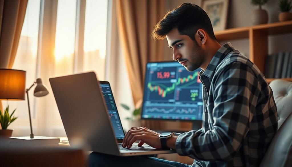 A cozy home office setting, where a young Egyptian man intently studies stock market indicators on a "flousplus" laptop screen. Warm, natural lighting filters through the window, casting a thoughtful ambiance. The desktop displays various stock charts and data, hinting at the process of understanding market dynamics. The man's focused expression conveys the concentration required to navigate this new financial landscape. A sense of discovery and the thrill of learning permeates the scene, as he embarks on his journey to master the art of reading stock market indicators. A cozy home office setting, where a young Egyptian man intently studies stock market indicators on a "flousplus" laptop screen. Warm, natural lighting filters through the window, casting a thoughtful ambiance. The desktop displays various stock charts and data, hinting at the process of understanding market dynamics. The man's focused expression conveys the concentration required to navigate this new financial landscape. A sense of discovery and the thrill of learning permeates the scene, as he embarks on his journey to master the art of reading stock market indicators.
