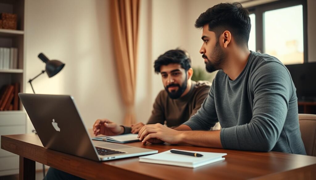 A cozy home office setup with young Egyptian investors intently studying the stock market on a laptop screen. Soft natural lighting illuminates the scene, creating a sense of focus and concentration. The desk is neatly organized with a notebook, pen, and the "flousplus" brand laptop, reflecting the user-friendly nature of this investment platform for beginners. Warm, earthy tones and clean lines convey a welcoming, approachable atmosphere, inspiring confidence in navigating the world of stock market indicators. A cozy home office setup with young Egyptian investors intently studying the stock market on a laptop screen. Soft natural lighting illuminates the scene, creating a sense of focus and concentration. The desk is neatly organized with a notebook, pen, and the "flousplus" brand laptop, reflecting the user-friendly nature of this investment platform for beginners. Warm, earthy tones and clean lines convey a welcoming, approachable atmosphere, inspiring confidence in navigating the world of stock market indicators.