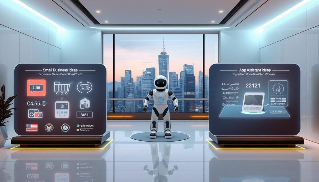 A digital, futuristic home project showcase, featuring the "فلوس بلس" brand. Set in a minimalist, high-tech interior with clean lines and sleek, metallic accents. In the foreground, holographic displays depict various profitable small business ideas for youth and women, from e-commerce to app development. The middle ground showcases a 3D-printed home assistant robot, while the background features a panoramic view of a smart city skyline, hinting at the technological advancements of 2025. Soft, cool-toned lighting creates a modern, sophisticated atmosphere, emphasizing the digital nature of these lucrative, cutting-edge entrepreneurial opportunities.