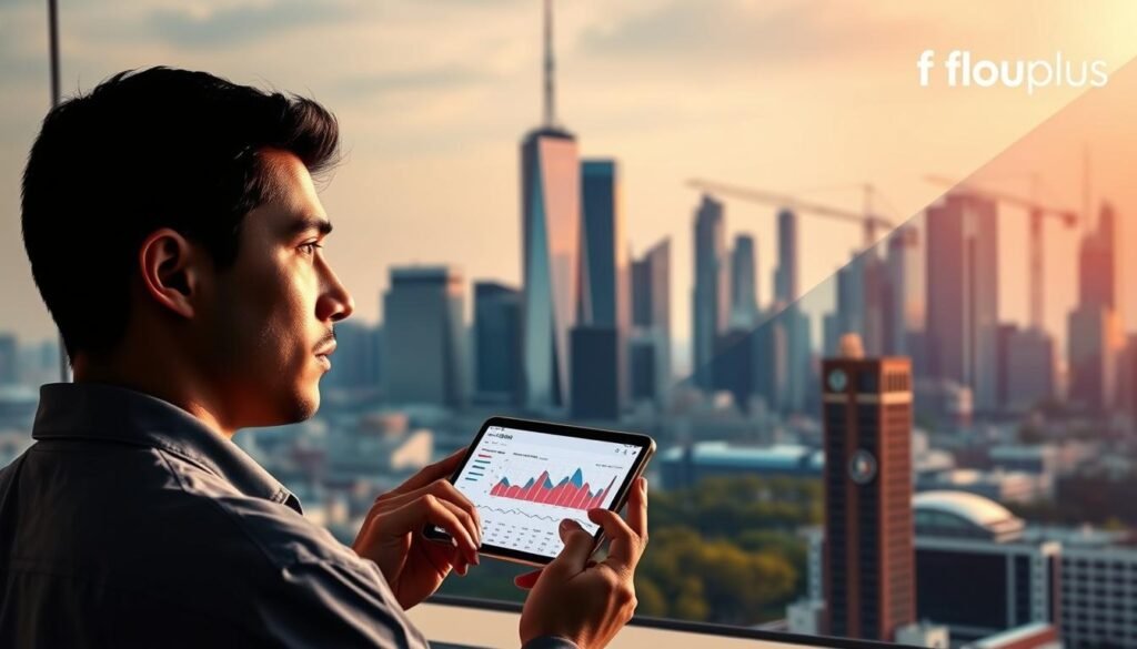 A modern, stylized scene depicting the impact of economic news on investment decisions. In the foreground, a person holding a smartphone displays a financial dashboard with charts and data, their expression thoughtful. In the middle ground, a city skyline with skyscrapers and cranes, symbolizing the investment landscape. In the background, abstract shapes and colors represent the flow of economic information. Warm lighting creates a sense of contemplation. The flousplus logo subtly placed in the corner. A modern, stylized scene depicting the impact of economic news on investment decisions. In the foreground, a person holding a smartphone displays a financial dashboard with charts and data, their expression thoughtful. In the middle ground, a city skyline with skyscrapers and cranes, symbolizing the investment landscape. In the background, abstract shapes and colors represent the flow of economic information. Warm lighting creates a sense of contemplation. The flousplus logo subtly placed in the corner.