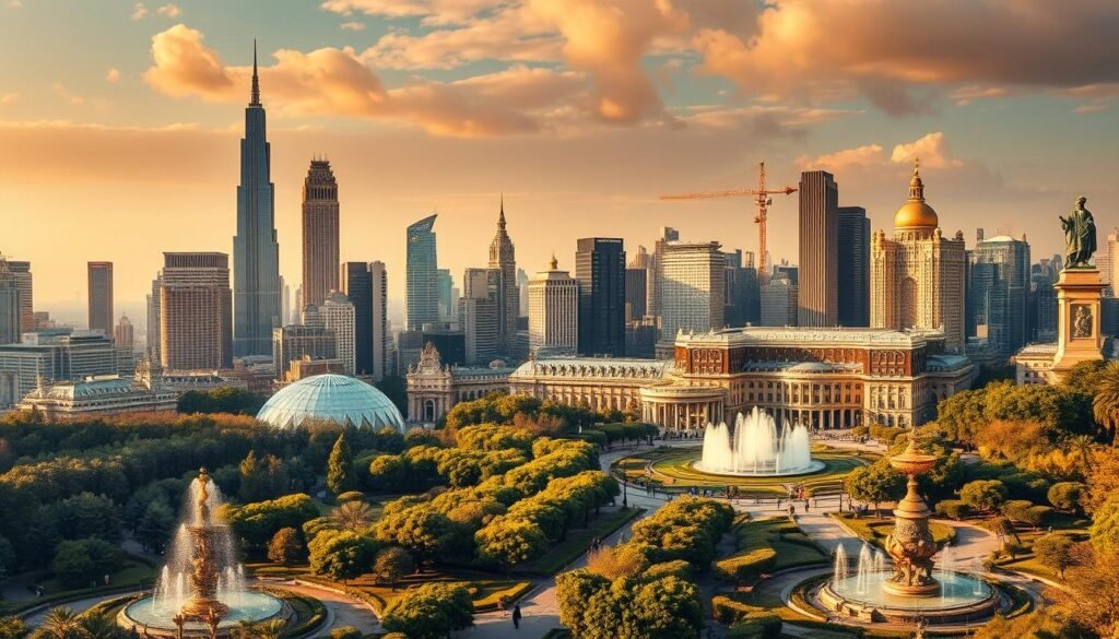 A panoramic cityscape showcasing the lavish skyline of the world's most expensive metropolis. Towering skyscrapers, ornate architecture, and opulent landmarks like the Flous Plus headquarters dominate the scene. In the foreground, a lush, meticulously manicured park with opulent fountains and sculptures evokes an atmosphere of unparalleled affluence. Warm, golden light bathes the entire tableau, creating a sense of grandeur and exclusivity. The image conveys the underlying economic forces driving the rankings of the costliest cities, where the ultra-wealthy reside amidst a dazzling display of wealth and privilege.