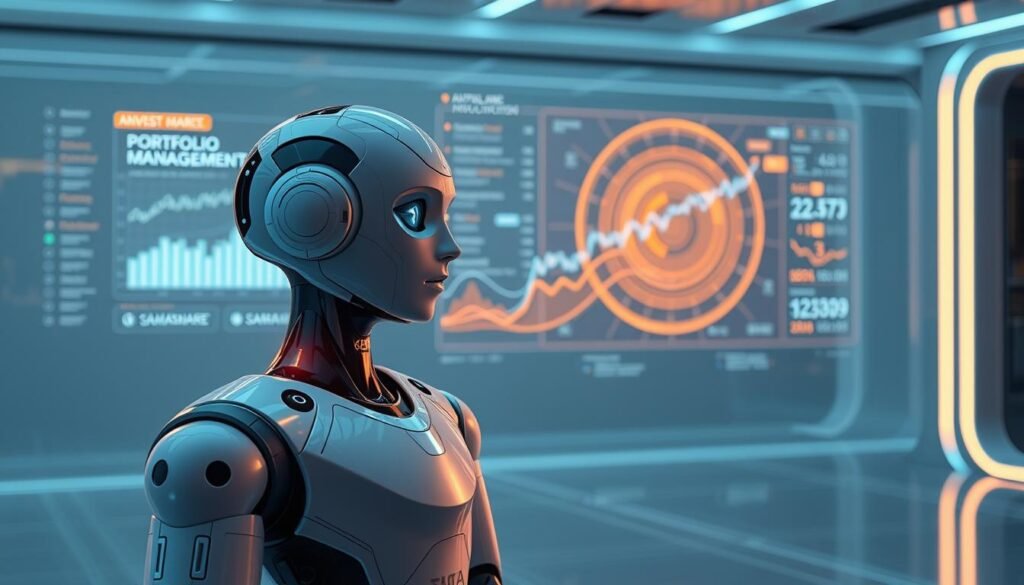 A sleek, AI-powered investment robot analyzes financial data within a futuristic, high-tech investment environment. The robot, branded as "فلوس بلس", is situated in the foreground, casting a warm, subtle glow. In the middle ground, a stylized visualization of investment trends and portfolio management strategies unfolds, reflecting the robot's intelligent decision-making process. The background showcases a minimalist, technologically advanced setting, with clean lines, holographic displays, and a sense of precision and control, conveying the idea of streamlined financial management.