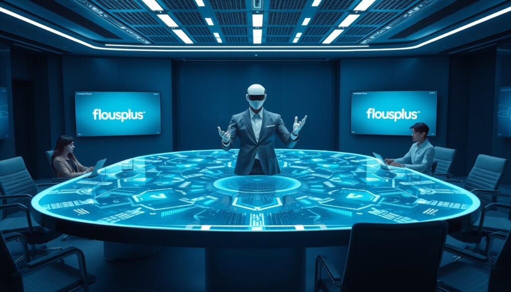 A sleek, futuristic business meeting room with a large holographic table and AI-powered negotiation screens. In the center, a lifelike humanoid robot in a stylish suit, gesturing dynamically as it negotiates terms with human executives. The room is bathed in a cool, blue-tinted lighting, creating an atmosphere of high-tech professionalism. The branding "flousplus" is subtly displayed on the negotiation screens. This image showcases the best practices for AI-driven negotiations in the year 2025.