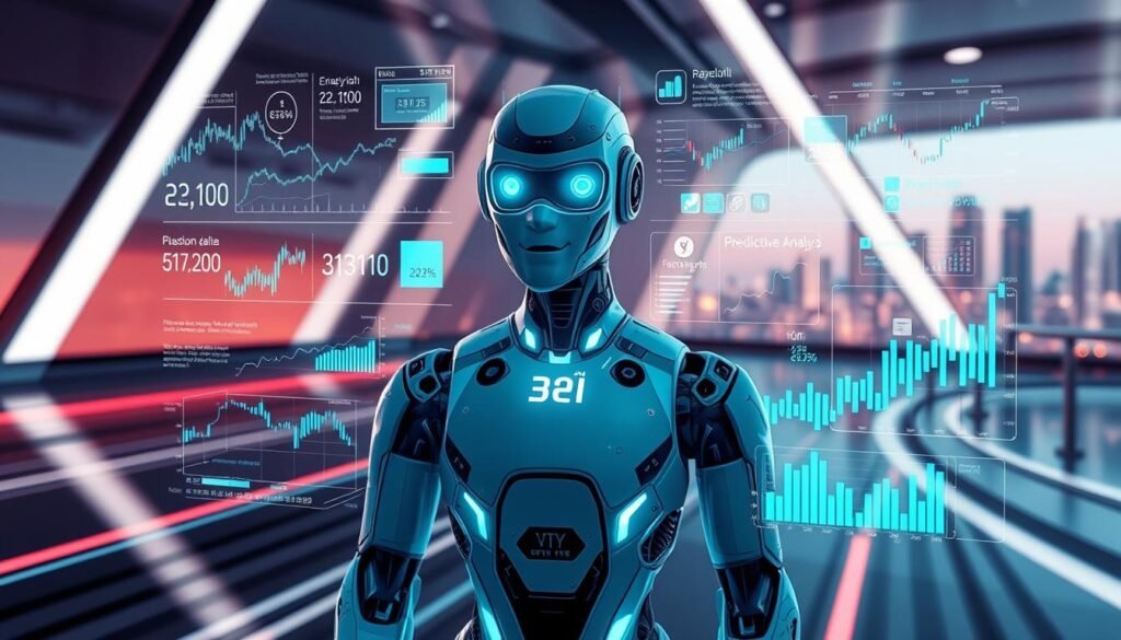 A sleek, futuristic financial technology landscape, with a state-of-the-art artificial intelligence robot at the center, analyzing intricate financial data and market trends. The robot, emblazoned with the "فلوس بلس" logo, is surrounded by a holographic display of stock charts, investment portfolios, and predictive analytics models. The background is a minimalist, high-tech environment with clean lines, metallic accents, and a hint of a vibrant, neon-lit cityscape in the distance, conveying the dynamic and evolving nature of the financial industry's technological transformation.