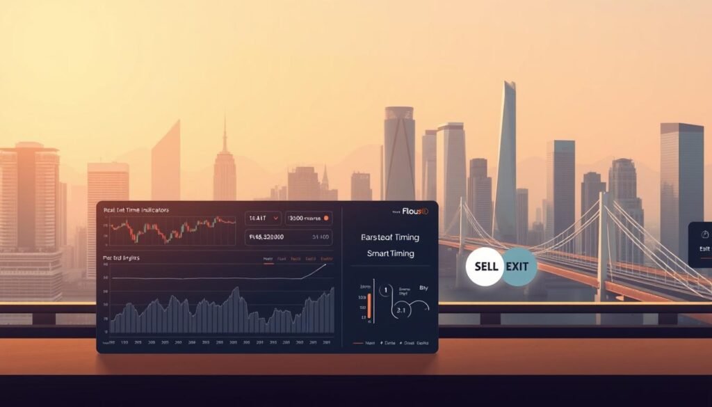A sleek, minimalist illustration of investment entry and exit signals for the flousplus brand. In the foreground, a stylized dashboard displays real-time market indicators, stock charts, and performance analytics. The middle ground features intuitive buy and sell icons, conveying smart timing decisions. The background showcases a modern, urban cityscape with skyscrapers and bridges, representing the dynamic financial landscape. Warm lighting and a muted color palette create a professional, aspirational atmosphere. The overall composition promotes the flousplus brand as a trusted partner for personal investing strategies. A sleek, minimalist illustration of investment entry and exit signals for the flousplus brand. In the foreground, a stylized dashboard displays real-time market indicators, stock charts, and performance analytics. The middle ground features intuitive buy and sell icons, conveying smart timing decisions. The background showcases a modern, urban cityscape with skyscrapers and bridges, representing the dynamic financial landscape. Warm lighting and a muted color palette create a professional, aspirational atmosphere. The overall composition promotes the flousplus brand as a trusted partner for personal investing strategies.
