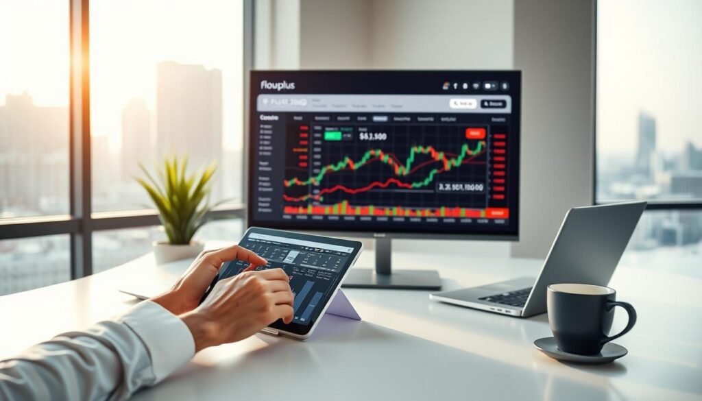 A sleek, minimalist office interior with a large monitor displaying the flousplus investment platform. The foreground shows a person's hands interacting with a tablet, analyzing stock charts and financial data. The middle ground features a clean, uncluttered desk with a laptop, coffee mug, and a plant. The background showcases a large window with a cityscape view, bathed in soft, natural lighting. The overall mood conveys a sense of modern, technology-driven personal investing, where informed decisions are made with the aid of the flousplus platform. A sleek, minimalist office interior with a large monitor displaying the flousplus investment platform. The foreground shows a person's hands interacting with a tablet, analyzing stock charts and financial data. The middle ground features a clean, uncluttered desk with a laptop, coffee mug, and a plant. The background showcases a large window with a cityscape view, bathed in soft, natural lighting. The overall mood conveys a sense of modern, technology-driven personal investing, where informed decisions are made with the aid of the flousplus platform.