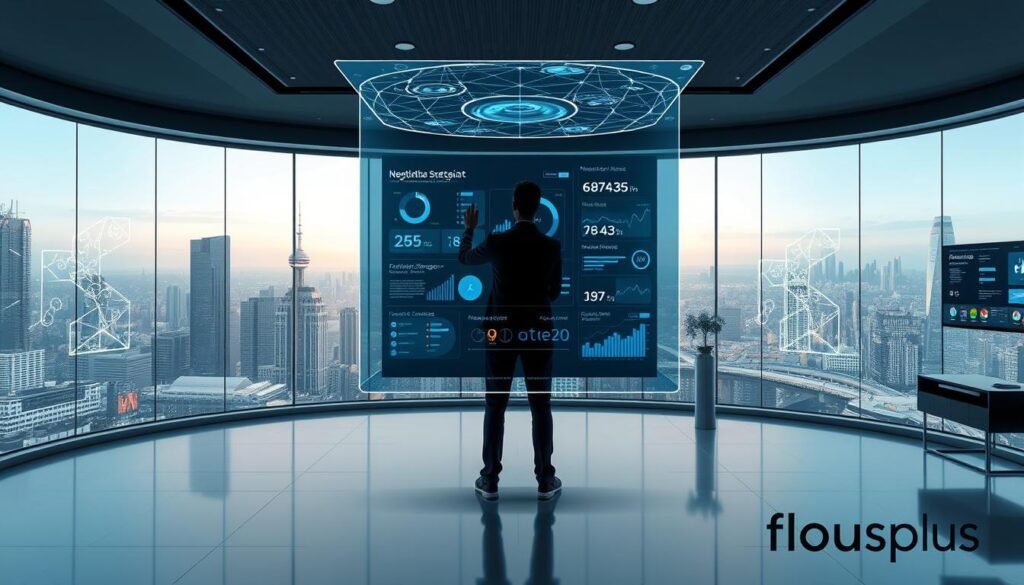 A sleek, minimalist office setting with a large AI-powered negotiation assistant standing at the center, its holographic interface displaying intricate data visualizations and negotiation strategies. In the background, a panoramic view of a futuristic cityscape, with holograms and sleek, touchscreen displays adorning the walls. The lighting is subdued, creating a contemplative atmosphere, while the flousplus logo subtly accents the scene, hinting at the advanced AI-driven tools powering this negotiation process.