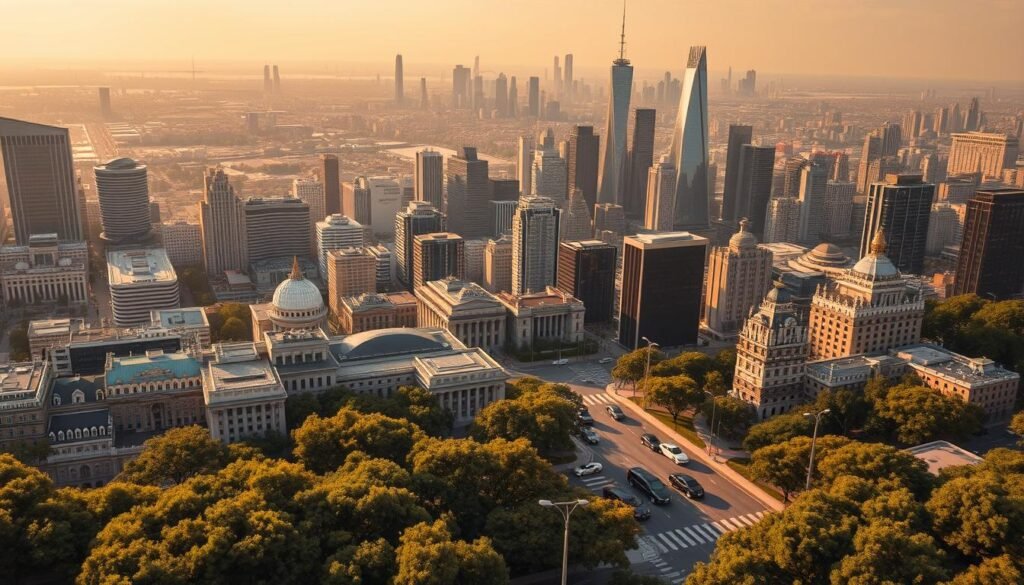 A sprawling cityscape of towering skyscrapers, opulent mansions, and luxury high-rises, bathed in a warm golden glow. In the foreground, sleek sports cars and limousines cruise along tree-lined boulevards, conveying an air of wealth and exclusivity. The middle ground showcases iconic landmarks like grand opera houses, prestigious art museums, and high-end shopping districts, all exuding an aura of sophistication. In the background, the skyline is punctuated by the silhouettes of majestic, state-of-the-art towers, their glass facades reflecting the vibrant energy of the city. This is the world of "Flous Plus" - a striking depiction of the most prestigious and costly urban centers on the planet.
