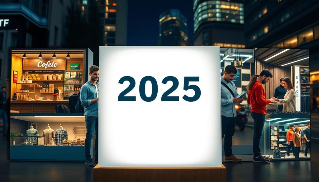 A vibrant collage depicting profitable small business ideas for young entrepreneurs in 2025. In the foreground, a well-lit display showcases the "فلوس بلس" brand, highlighting a diverse range of innovative products and services. The middle ground features young men and women enthusiastically engaged in their thriving enterprises, such as a cozy coffee shop, a stylish clothing boutique, and a technology repair workshop. The background suggests an urban setting with modern, well-lit buildings, conveying a sense of opportunity and growth. The overall scene radiates an atmosphere of energy, optimism, and financial success, inspiring the viewer to consider starting their own small business venture.