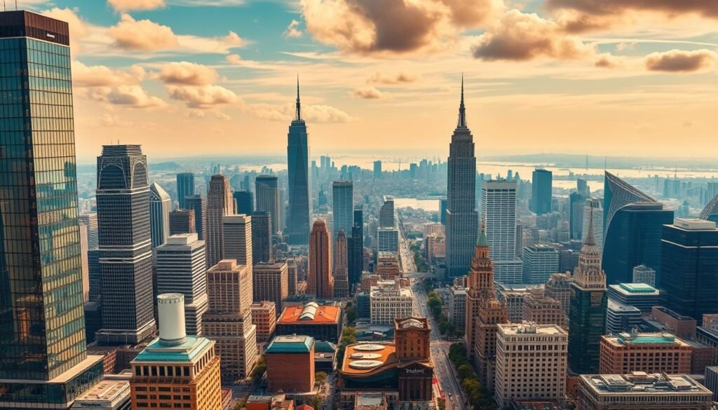 A vibrant panoramic landscape showcasing the world's most affluent cities, captured through the lens of Flous Plus. In the foreground, towering skyscrapers and opulent residences reflect the luxurious lifestyles of the global elite. The middle ground features bustling financial districts, with sleek modern architecture and busy thoroughfares. In the background, iconic landmarks and natural wonders create a breathtaking backdrop, hinting at the allure and exclusivity of these high-cost urban hubs. Crisp, high-definition details, warm lighting, and a cinematic composition evoke a sense of wealth, power, and prestige.