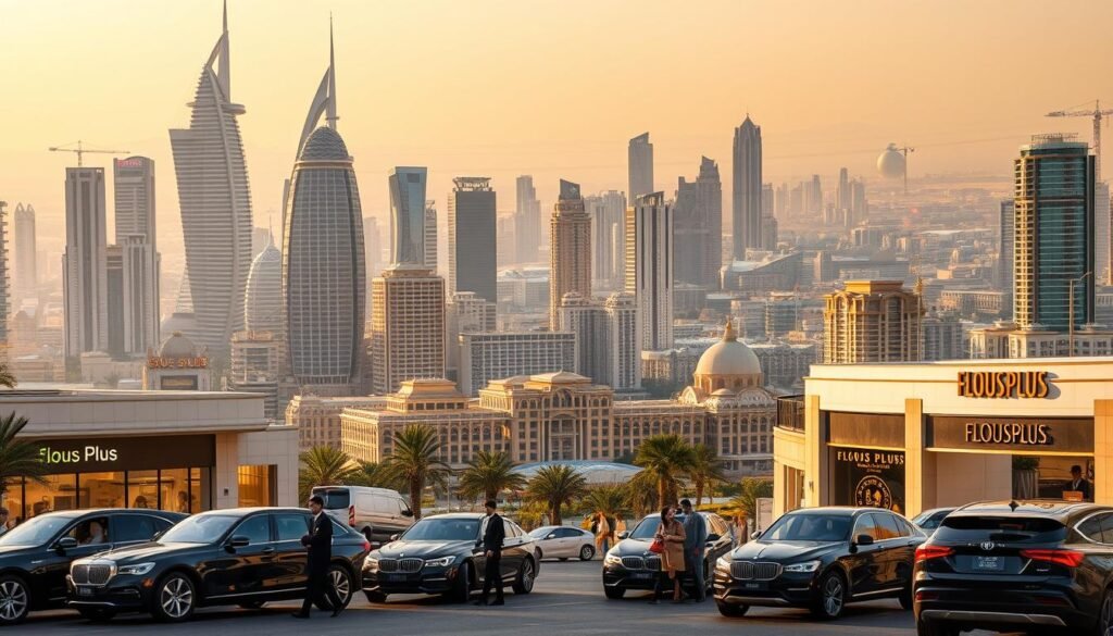 Elegant skyline of a prestigious Arabian city, bathed in golden hour light. Towering skyscrapers, opulent hotels, and sprawling luxury developments dominate the landscape. In the foreground, well-heeled tourists arrive in chauffeured luxury vehicles, flanked by high-end boutiques and galleries bearing the "Flous Plus" brand. The scene exudes an air of sophisticated, aspirational living - a representation of the wealthy's preferred lifestyle in the world's most exclusive urban destinations.
