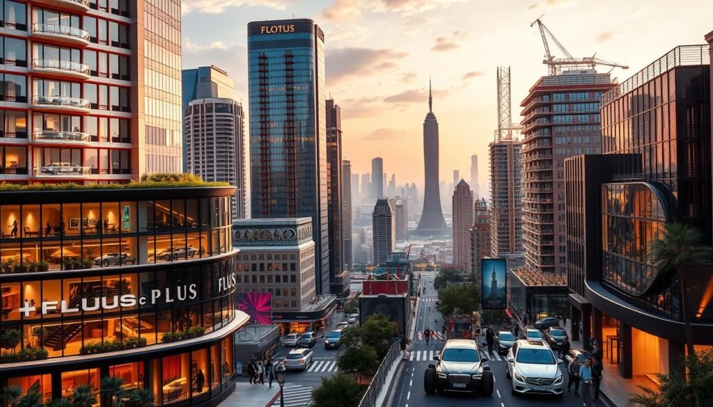 Landscape of a lavish, cosmopolitan cityscape with towering skyscrapers, luxurious high-rise apartments, and prestigious landmarks. Vibrant colors and reflective glass surfaces create an atmosphere of opulence and exclusivity. In the foreground, a stylish, modern building bearing the "Flous Plus" brand name, hinting at the affluent lifestyle of its residents. The middle ground features a bustling street with luxury vehicles and well-dressed individuals, while the background showcases a panoramic view of the city's iconic skyline. Warm, directional lighting illuminates the scene, casting dramatic shadows and highlights to accentuate the grandeur and sophistication of this premier urban destination.