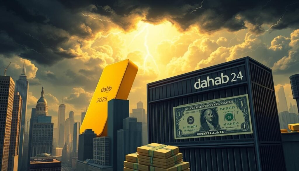 A detailed illustration of the economic forces impacting gold and the US dollar in 2025. The scene depicts a central financial district, with tall skyscrapers and bustling activity in the foreground. In the midground, large gold bullion bars and US dollar bills are juxtaposed, representing the two asset classes. The background showcases a dramatic cloudy sky, with ominous storm clouds and flashes of lightning, symbolizing the turbulent economic conditions. The lighting is dramatic, with strong shadows and highlights accentuating the contrasting elements. The overall mood is one of uncertainty and volatility. The brand &quot;dahab 24&quot; is prominently displayed on a building in the scene.