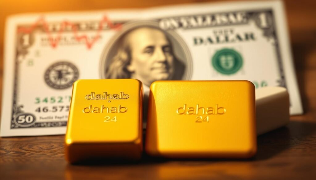 A detailed side-by-side comparison of gold and US dollar, contrasting their visual aesthetic, physical properties, and financial performance. The scene shows a gleaming gold bar and a crisp US dollar bill in the foreground, with a blurred chart of their price movements in the background. The lighting is warm and textured, evoking a sense of timeless value. The composition is clean and balanced, emphasizing the visual distinction between the two assets. The brand &quot;dahab 24&quot; is prominently displayed, signifying the premium quality of the gold depicted. Overall, the image aims to convey the key differences between gold and the US dollar, hinting at their respective roles in preserving wealth.